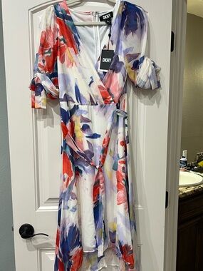 DKNY White Floral Brushstroke High-Low Wrap Dress with Red & Blue Accents